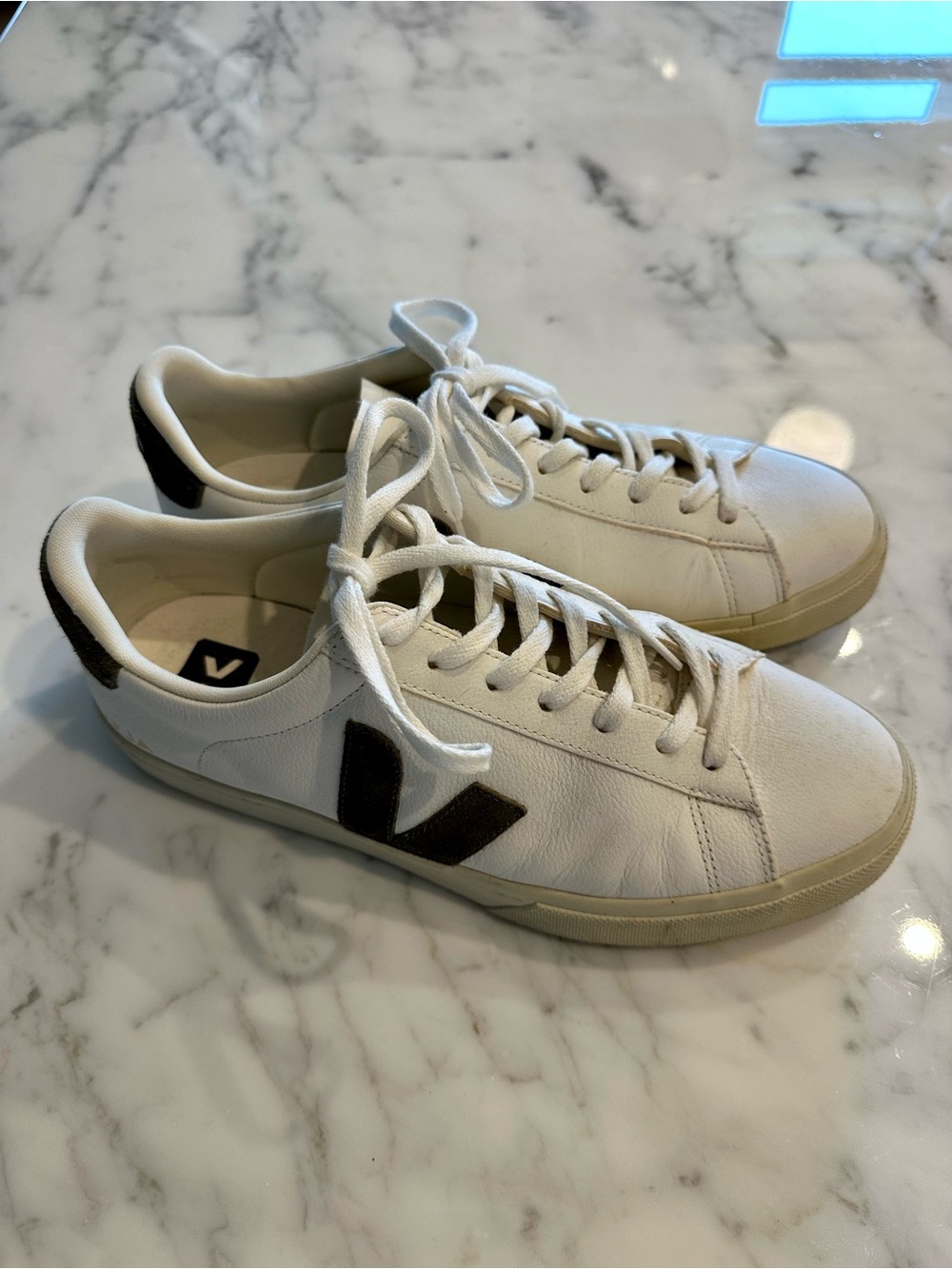 Veja White Leather Sneakers with Gray V Accent - Size 11.5